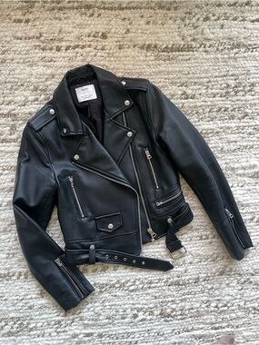 Bershka Moto Biker Leather Jacket - Black - Small
